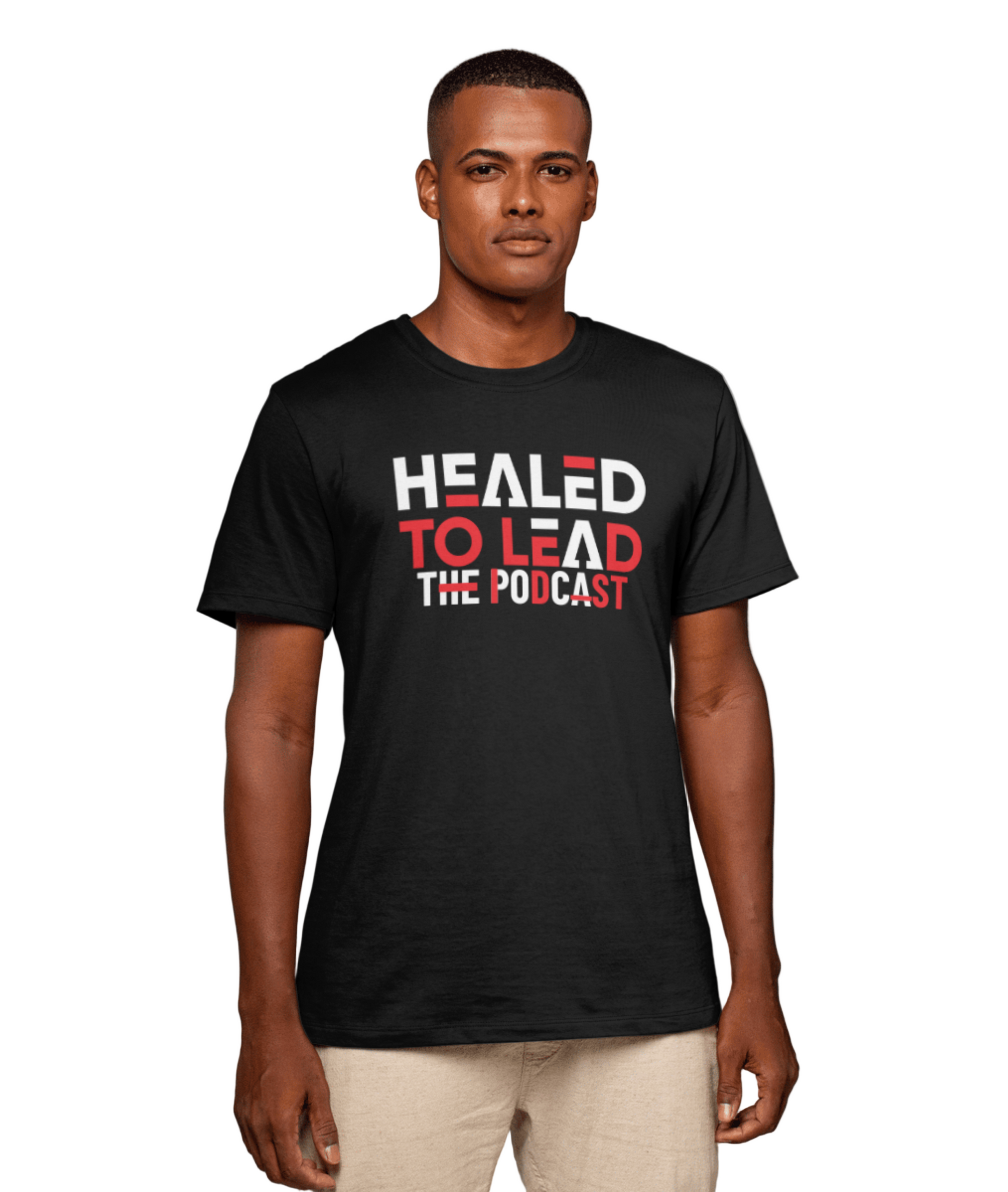 Man wearing a black t-shirt with 'Healed to Lead The Podcast' text on a gray background